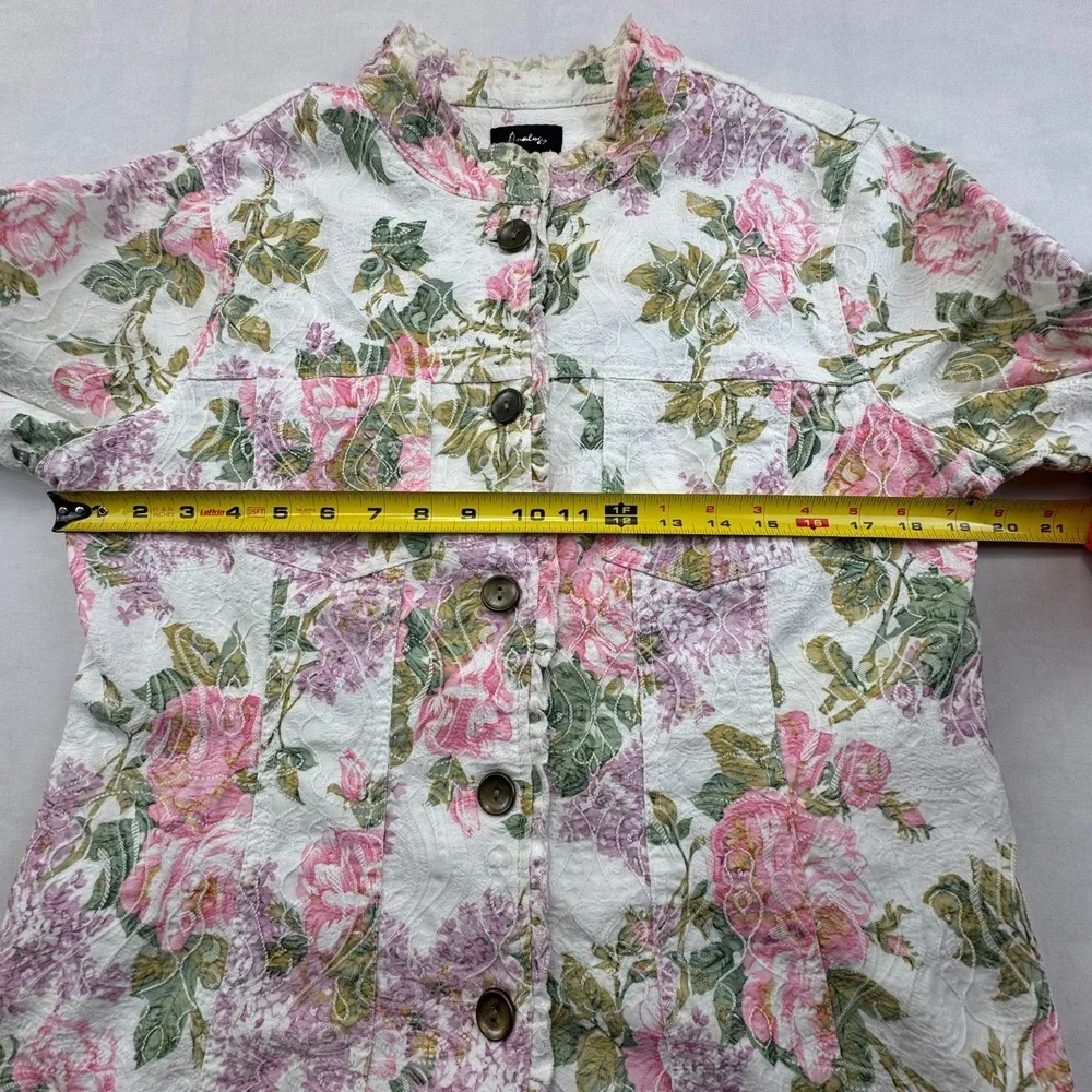 Analogy Denim Jacket Women L Pink White Floral Long Sleeve Stretch Button Front